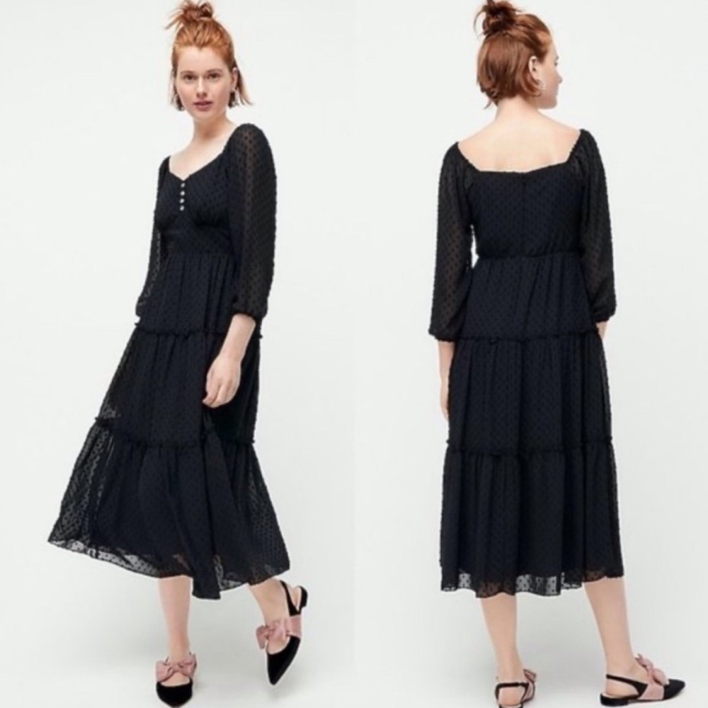 J. Crew Black Tiered Midi Dress in Swiss Black Dot Size 00